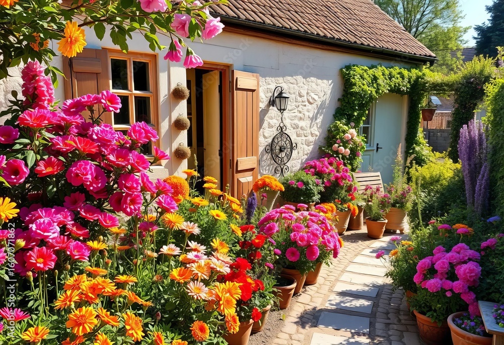 Fototapeta premium Sun-drenched cottage garden, vibrant blooms, rustic charm, weathered, path