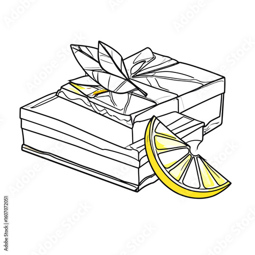 Artisanal lemon soap bar with a fresh citrus slice and leaves in a selective color line art style.
