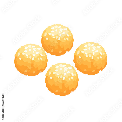 Four golden-brown fried sesame balls, a traditional Asian dessert snack. Crispy Jian Dui illustration with a simple, clean design.