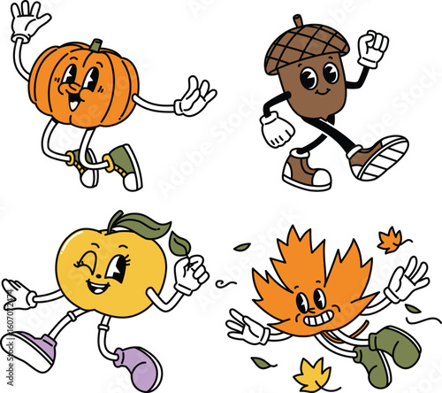 Illustration set of fun and cute autumn mascots like pumpkin, leaf, book, mug, and ghost in cozy seasonal poses for fall designs and celebrations