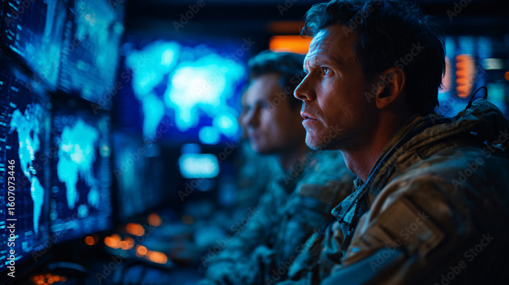 Fototapeta premium Skilled operators meticulously monitor complex global data on advanced screens in a secure digital command center.