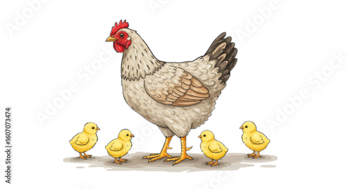 A hen with baby chicks, vector farm life, white background