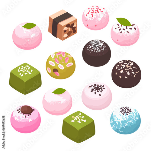 Isometric collection of colorful Japanese mochi and wagashi sweets with various toppings like sesame and coconut.