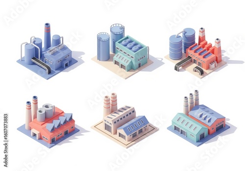 Bright 3D factory illustrations in primary colors showing industrial facilities with consistent lighting from upper left