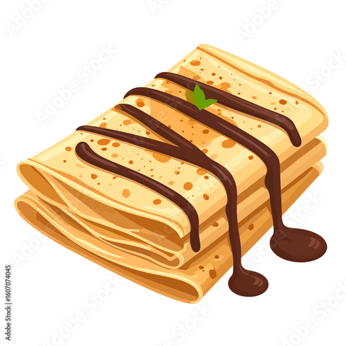 Delicious folded crepes with dripping chocolate sauce and a fresh mint leaf garnish.