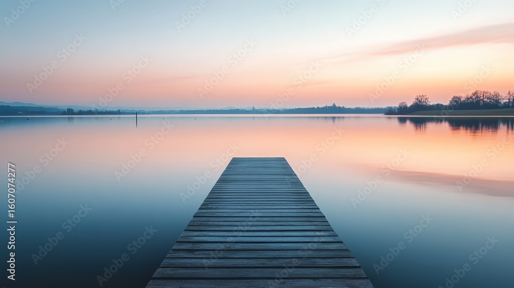 Obraz premium A wooden pier leads into a tranquil lake at dusk. The water perfectly reflects the soft pastel colors of the sunset sky, creating a serene and minimalist landscape