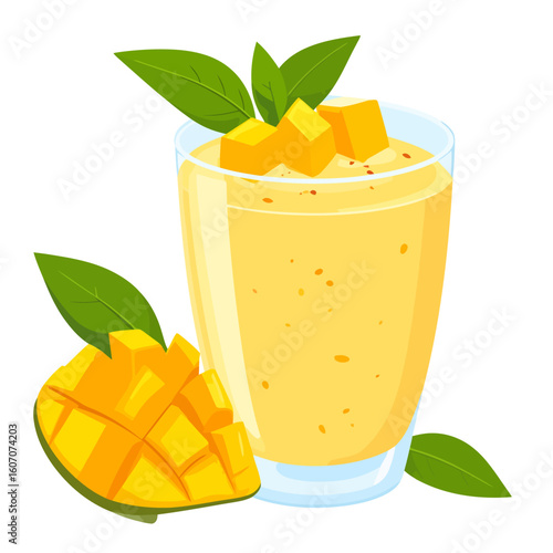 Fresh mango smoothie with diced fruit topping and a sliced mango illustration.