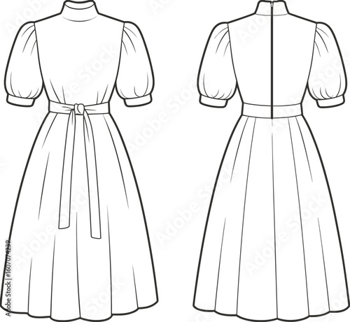 Puff sleeve midi dress with high neck and waist tie – vector CAD fashion flat sketch for clothing designers