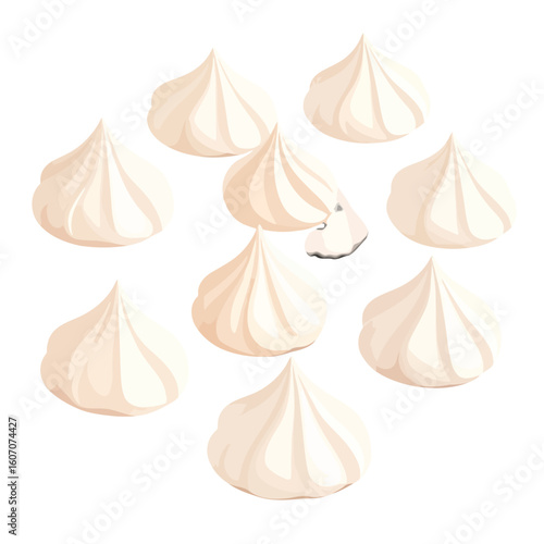 Set of illustrated steamed Asian dumplings with twisted pleated tops, one bitten.