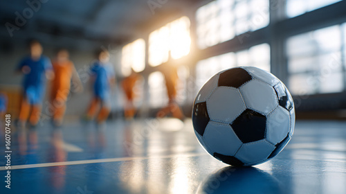 Futsal ball on a blue indoor court with a team training in the background during a sunny practice