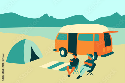 Vector Illustration of People Camping with Van and Tent by the Lake with Mountain View