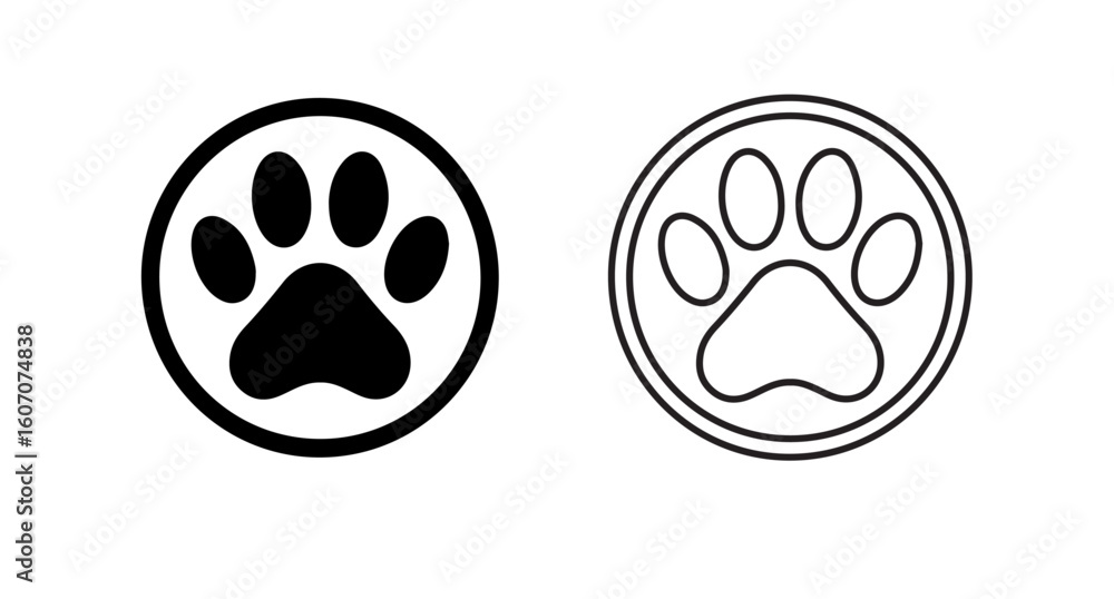 A comparison of a filled and outlined paw print inside a circular graphic design element A comparison of a filled and outlined paw print inside a circular graphic design element