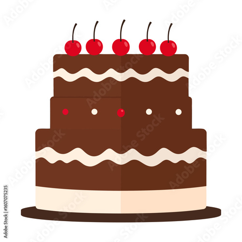 A three-tiered chocolate cake with wavy cream frosting, decorated with red cherries on top.