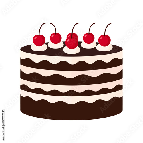 Layered chocolate cake with white cream frosting, decorated with five red cherries with stems.
