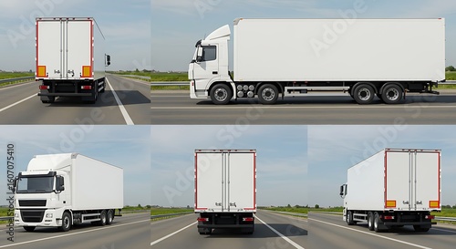Set of white semi-trailer truck views on an open road. Lorry collage for transportation, freight, and branding mockup concepts.
