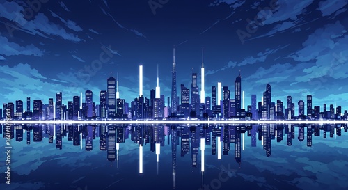 Futuristic City Skyline at Night with Illuminated Skyscrapers and Reflective Water Surface