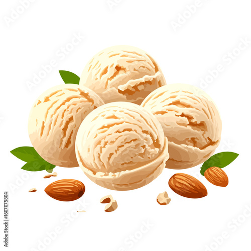 Four scoops of creamy almond ice cream garnished with whole nuts and fresh green mint leaves in a stylized vector illustration.