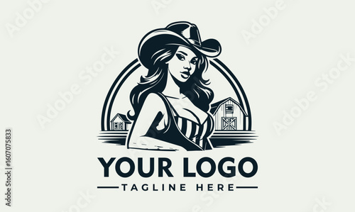 A stylized illustration of a cowgirl standing in front of a farm scene, used for a logo.