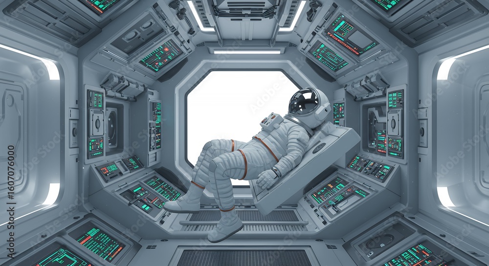 Fototapeta premium Astronaut in spaceship corridor