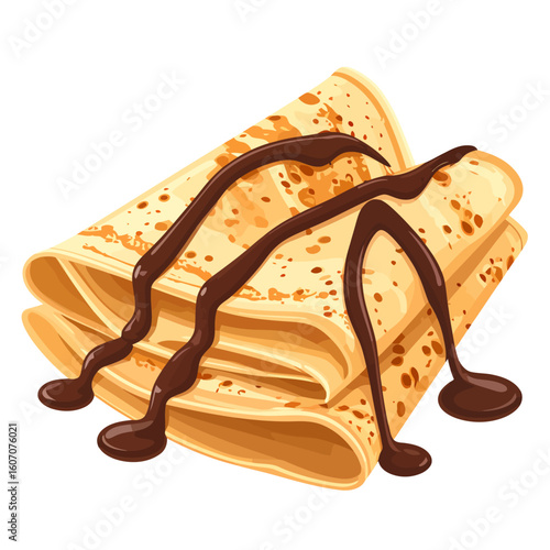 Delicious folded golden crepes with a generous drizzle of dark chocolate sauce, cartoon style.