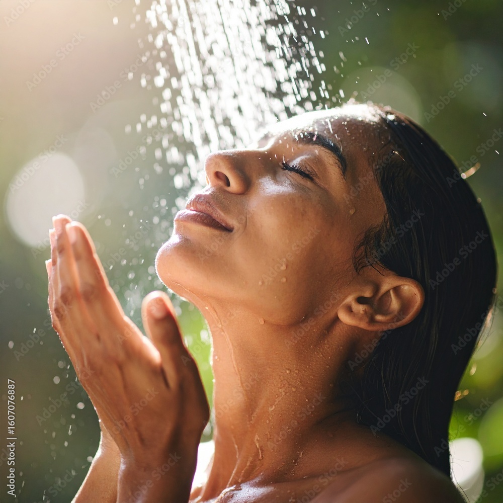Fototapeta premium Une jeune femme recevant de l'eau sur le visage sous forme de brumisation et léger jet d'eau. Generated image