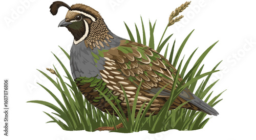 A quail hiding in grass, vector camouflage, white background