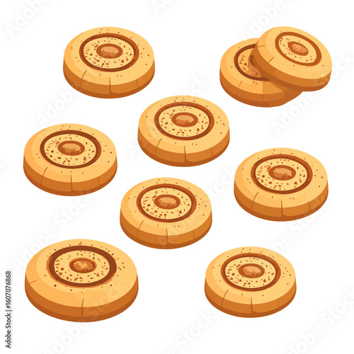 Set of round, golden-brown shortbread cookies with nut sprinkles and a concentric circle design. Isometric cartoon illustration.