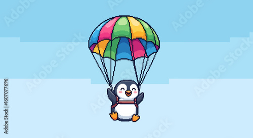 Cute cartoon penguin with a colorful parachute in the sky, pixel art illustration