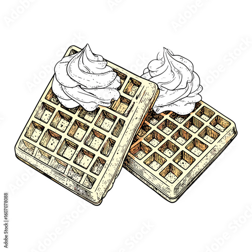 Detailed ink and color illustration of two stacked Belgian waffles with whipped cream.