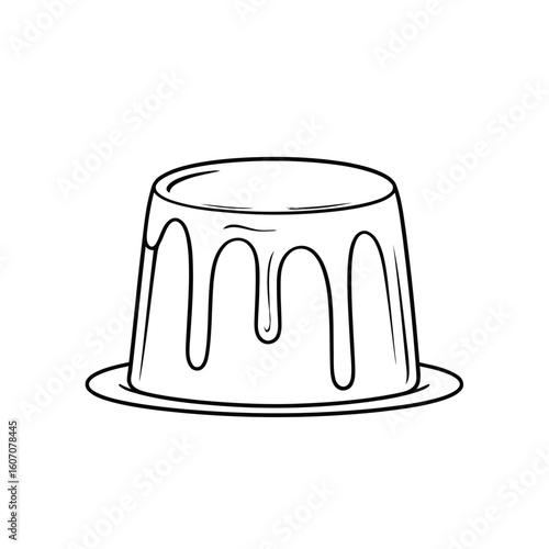 A simple line drawing of a flan or pudding dessert with a delicious dripping topping on a saucer.