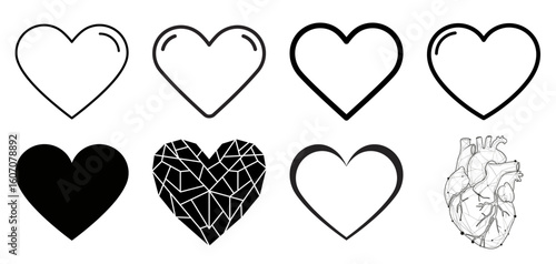 Various heart illustrations in different styles and shapes  