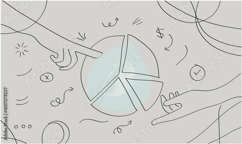 Financial strategy illustration showing hands dividing market share for business growth success