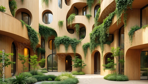 Modern eco-friendly apartment building with wooden facade  green plants and curved balconies  courtyard architecture design