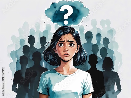 Expressive watercolor illustration of a young woman with a anxious expression and a large question mark above her head, standing amidst a blurred crowd, symbolizing uncertainty and social pressure. 