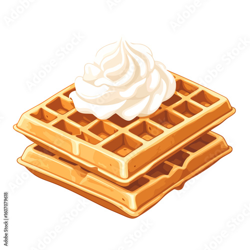 A delicious stack of two golden Belgian waffles topped with a fluffy swirl of whipped cream, illustrated in a clean, cartoon style.