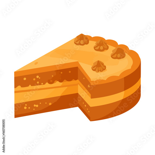 Illustrated layered caramel cake with cream filling and piped frosting, with a slice cut out.