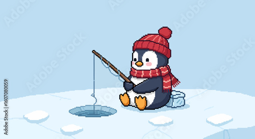 Adorable penguin ice fishing in winter, wearing a hat and scarf.