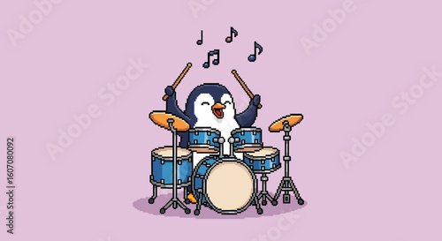 A cheerful penguin joyfully plays a blue drum kit, musical notes floating above.