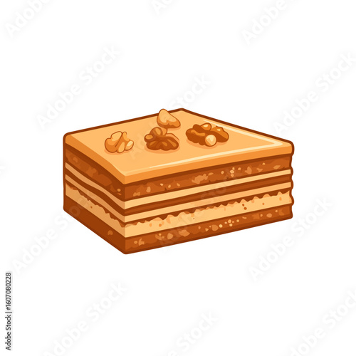 A square slice of layered walnut honey cake with cream filling and a smooth caramel glaze on top.