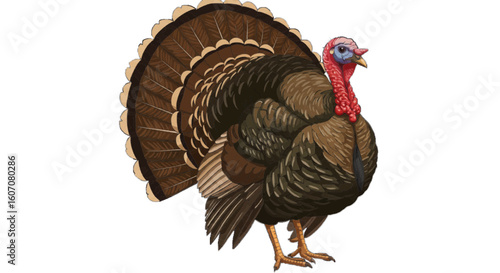 A turkey with full feathers, vector style, white background