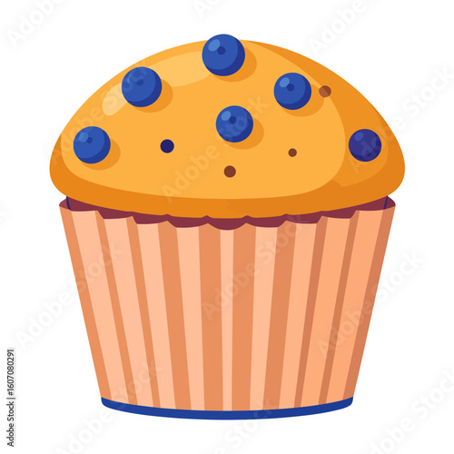A delicious cartoon illustration of a golden blueberry muffin with fresh berries on top, baked in a striped paper liner.