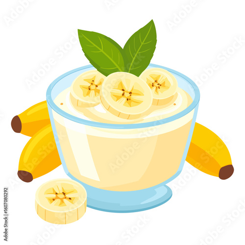 Creamy banana pudding in a glass bowl, garnished with fresh banana slices and mint leaves.