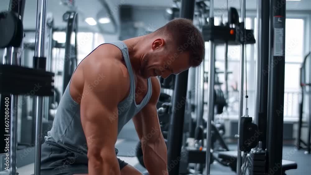 Muscular man in a gym, performing a seated cable row exercise Muscular man in a gym, performing a seated cable row exercise