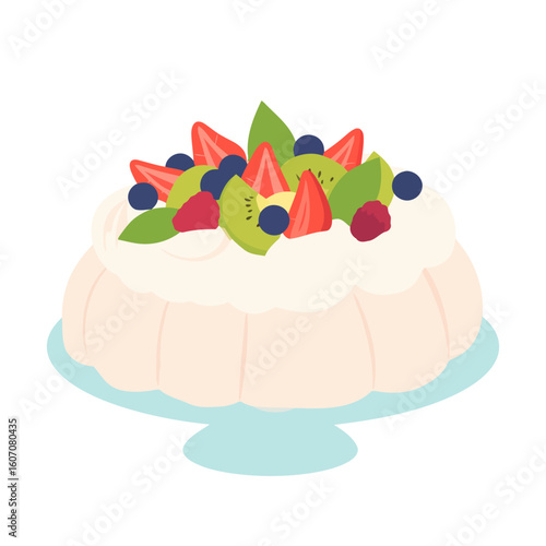 Elegant Pavlova meringue cake with whipped cream and fresh fruit topping. A delicious dessert illustration with strawberries, kiwi, and berries on a stand.