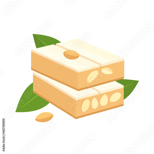 Two stacked bars of creamy white almond nougat with whole almonds and green leaf garnish.