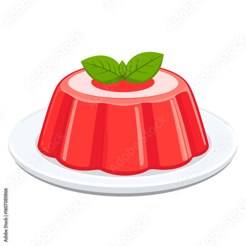 Vibrant red molded jelly dessert with a creamy pink layer, garnished with fresh green mint leaves.