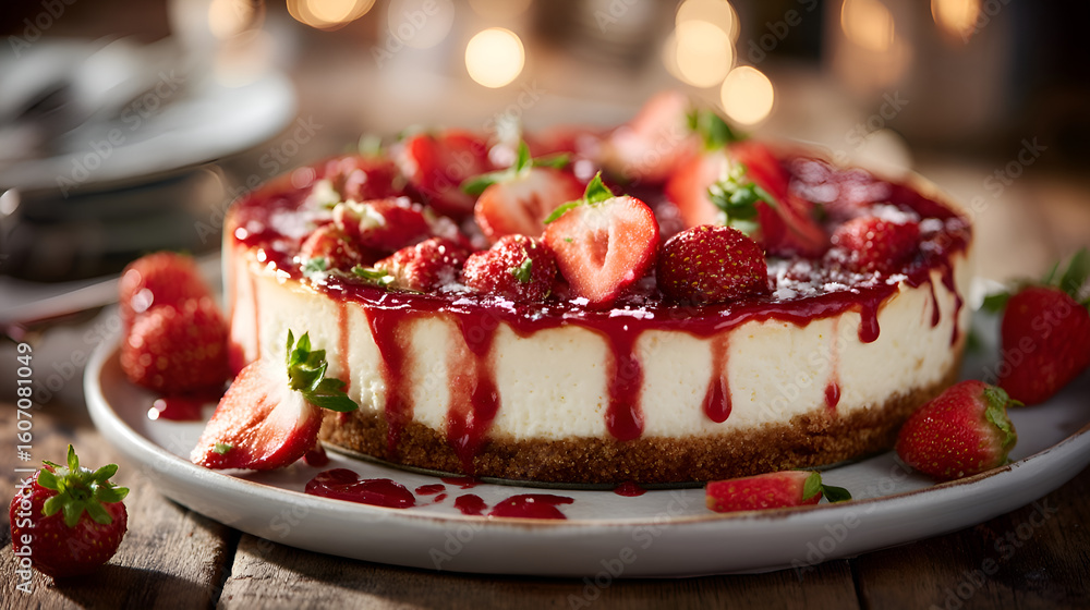 Delicious homemade strawberry cheesecake dripping with coulis on wooden table Delicious homemade strawberry cheesecake dripping with coulis on wooden table