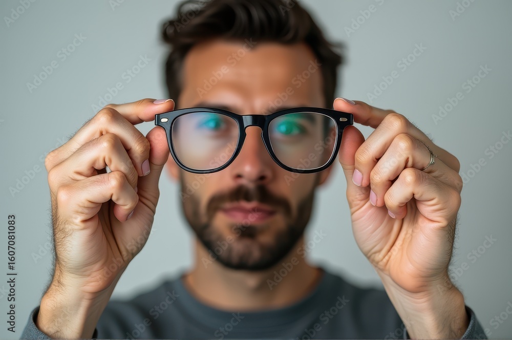 blurred bearded man holding glasses in front of his face. eyewear concept with focus on lenses. vision and clarity theme. optical accessory, print design, advertising. blurred bearded man holding glasses in front of his face. eyewear concept with focus on lenses. vision and clarity theme. optical accessory, print design, advertising.