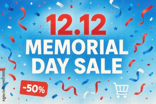 Wallpaper Mural Festive Memorial Day sale announcement with "12.12" and "50% off" displayed against a blue background with red, white, and blue confetti and ribbon accents. Torontodigital.ca