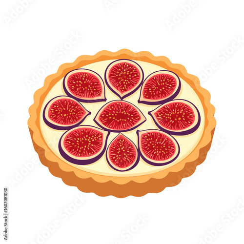 Gourmet fig tart with creamy custard filling, topped with fresh sliced figs in a decorative floral pattern.